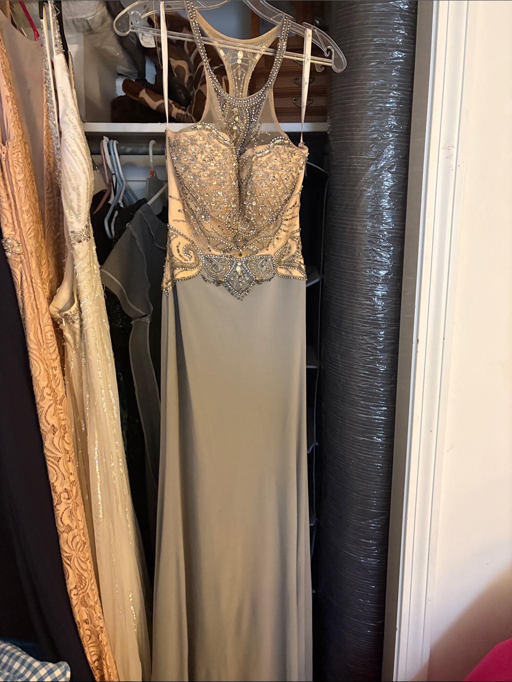 Embellished Taupe Evening Gown With Sheer Beaded Bodice